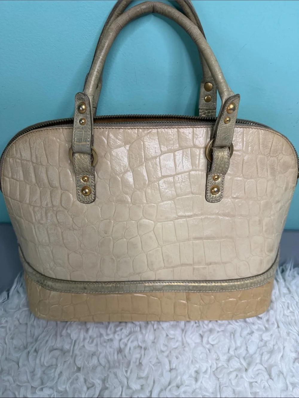 Brahmin Dome Classic Croc-Embossed Dome Satchel in Cream and Tan,NO LONG STRAP